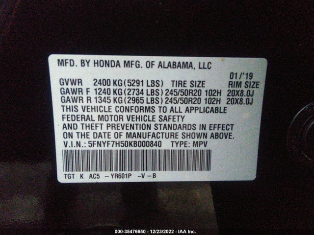 Honda Passport 2019 5FNYF7H50KB000840 Image 10