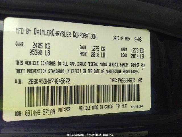 2007 DODGE CHARGER R/T VIN: 2B3KA53HX7H645072