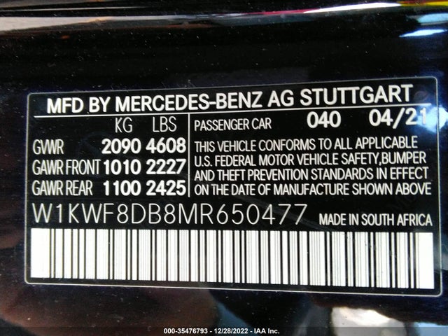 2021 Mercedes-Benz C-Class, VIN: W1KWF8DB8MR650477
