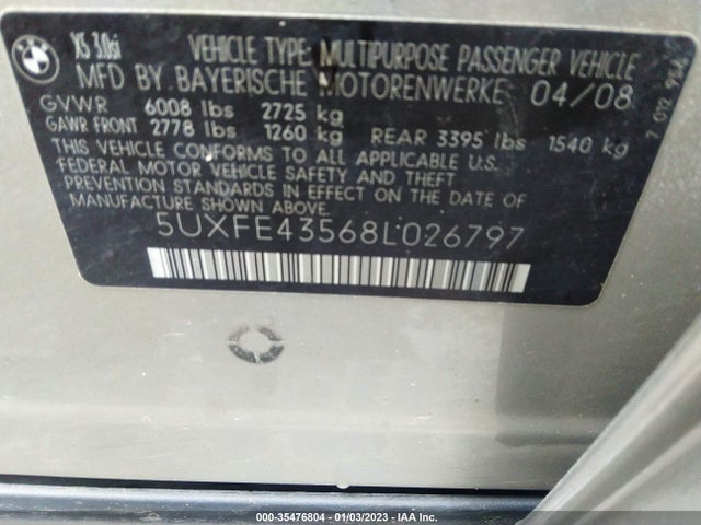 2008 BMW X5 3.0SI VIN: 5UXFE43568L026797