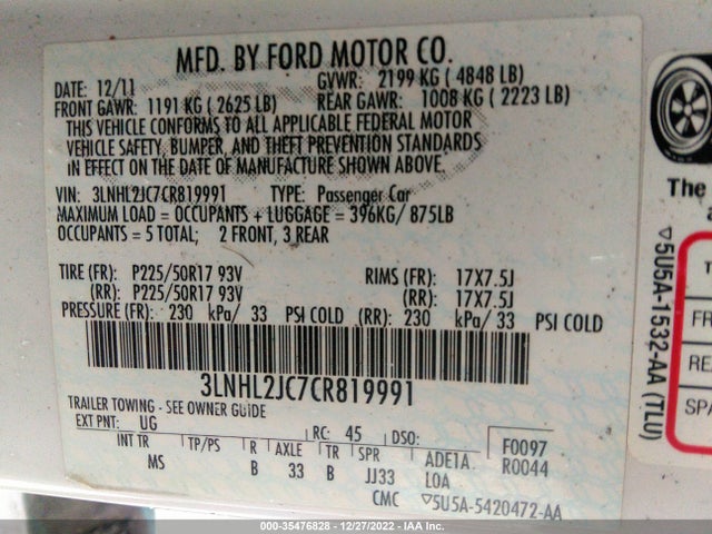 Lincoln MKZ 2012 3LNHL2JC7CR819991 Image 10