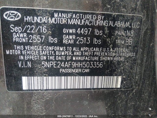 Hyundai Sonata 2.4l 2017 5NPE24AF9HH503356 Image 10