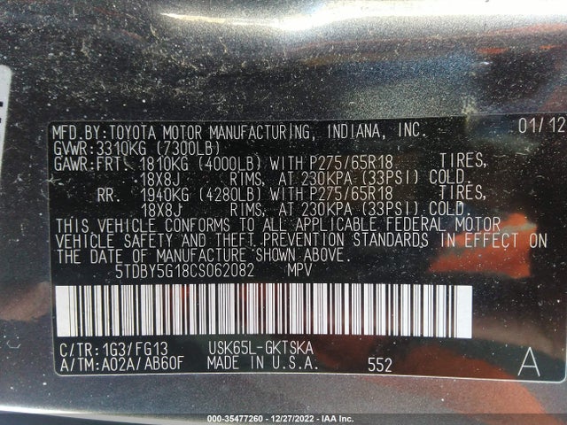 2012 TOYOTA SEQUOIA SR5 VIN: 5TDBY5G18CS062082