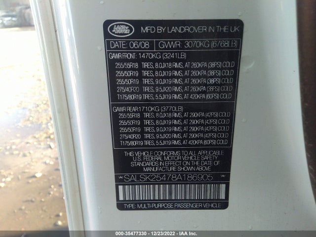 Land Rover RANGE ROVER SPORT 2008 SALSK25478A186905 Image 10