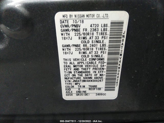 2019 NISSAN ROGUE SV VIN: JN8AT2MV4KW384267