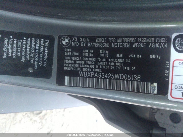 2005 BMW X3 3.0I VIN: WBXPA93425WD05136