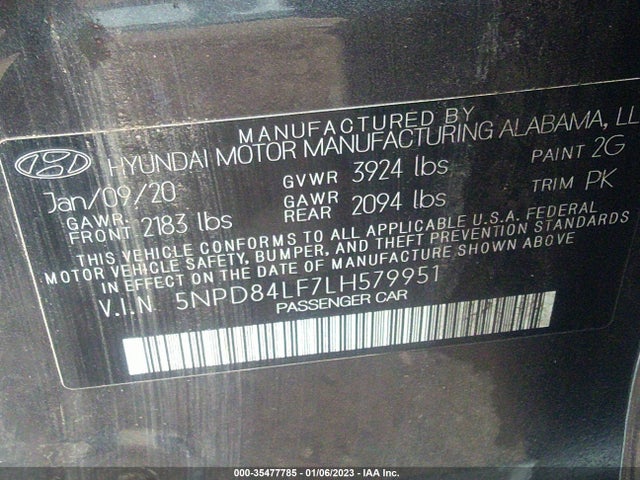 2020 HYUNDAI ELANTRA SEL VIN: 5NPD84LF7LH579951