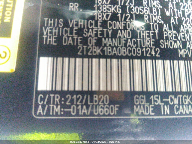 2011 LEXUS RX 350 VIN: 2T2BK1BA0BC091242