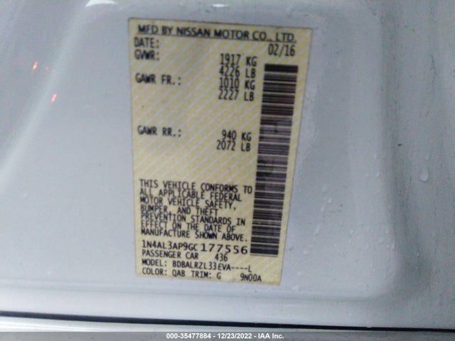 2016 NISSAN ALTIMA 2.5 SL VIN: 1N4AL3AP9GC177556