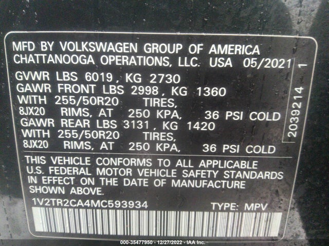 1V2TR2CA4MC593934 Volkswagen Atlas 3.6l V6 Sel Premium
