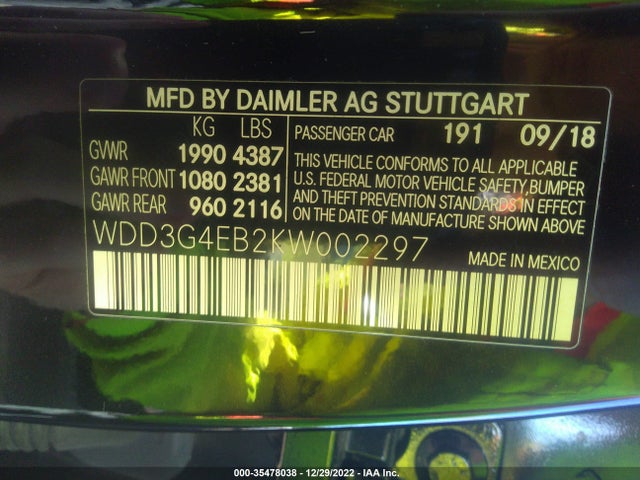 2019 Mercedes-Benz A-Class, VIN: WDD3G4EB2KW002297