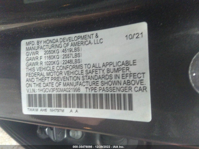 2021 HONDA ACCORD HYBRID EX-L VIN: 1HGCV3F50MA021998