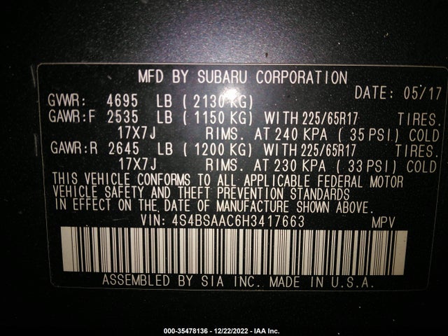Subaru Outback 2017 4S4BSAAC6H3417663 Image 11