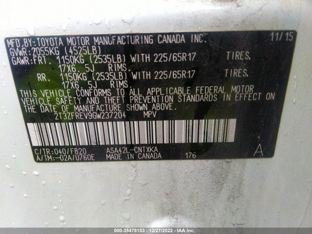 2016 Toyota RAV4, VIN: 2T3ZFREV9GW237204