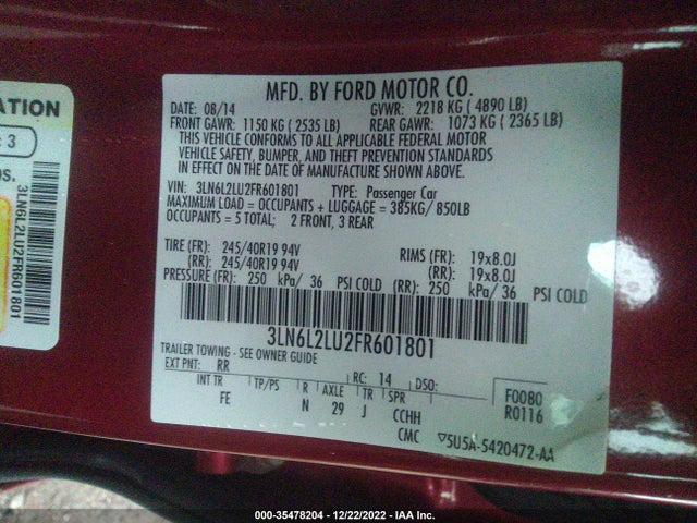 2015 Lincoln MKZ, VIN: 3LN6L2LU2FR601801