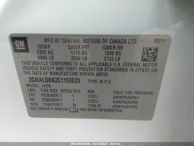 2012 CHEVROLET EQUINOX LT W/1LT VIN: 2GNALDEK2C1153623