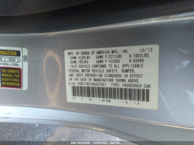 2013 HONDA ACCORD CPE LX-S VIN: 1HGCT1B31DA007607