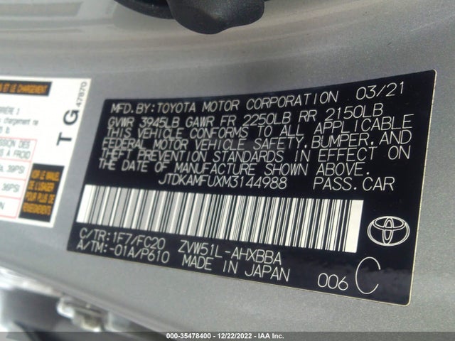 2021 Toyota Prius, VIN: JTDKAMFUXM3144988