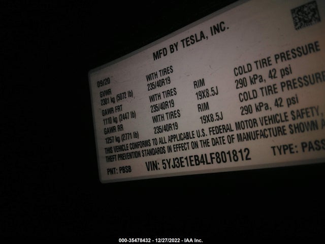 Tesla Model 3 Long Range 2020 5YJ3E1EB4LF801812 Image 10