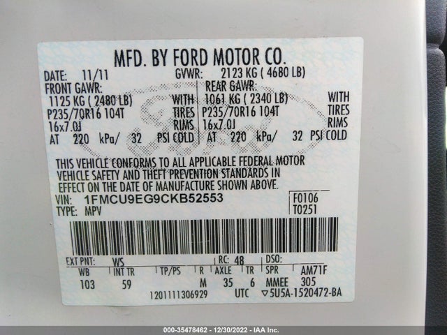 2012 FORD ESCAPE LIMITED VIN: 1FMCU9EG9CKB52553