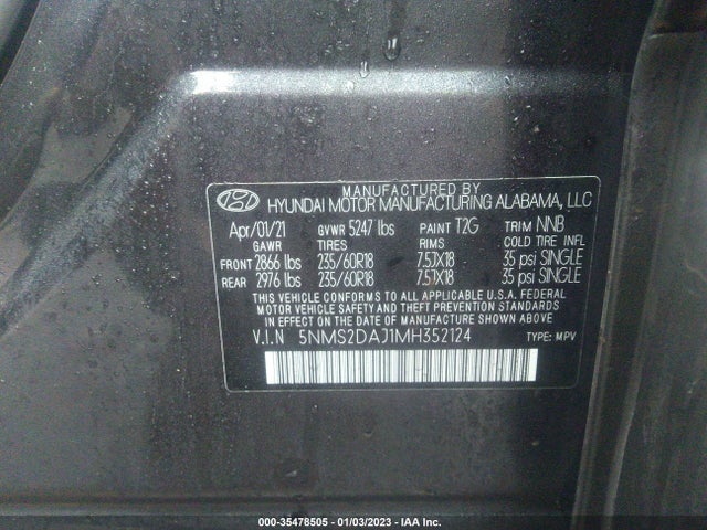 2021 Hyundai Santa Fe, VIN: 5NMS2DAJ1MH352124