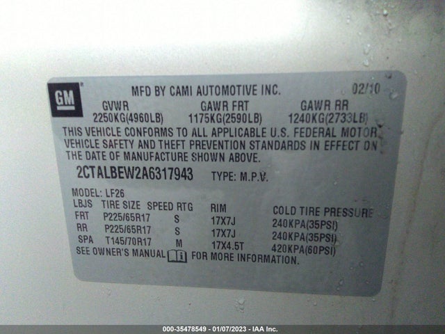 2010 GMC TERRAIN SLE-1 VIN: 2CTALBEW2A6317943