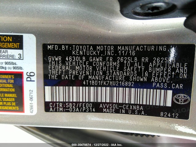 2017 Toyota Camry, VIN: 4T1BD1FK7HU216892