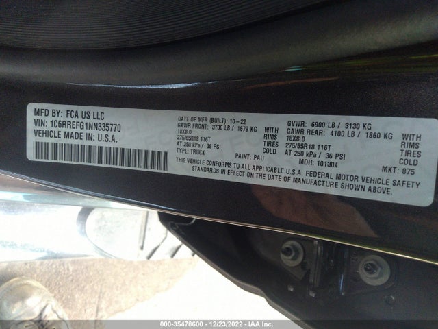 2022 RAM 1500 BIG HORN VIN: 1C6RREFG1NN335770