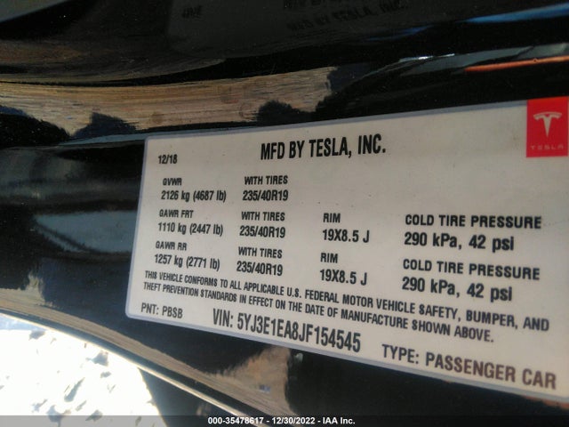 Tesla Model 3 Range Battery 2018 5YJ3E1EA8JF154545 Image 10