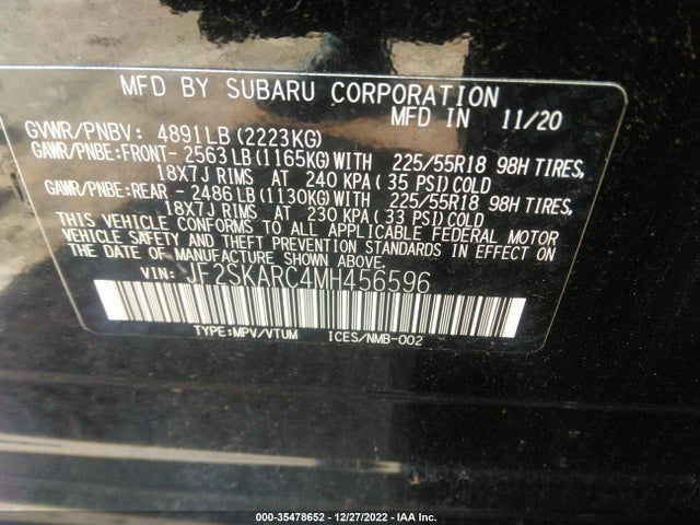 2021 SUBARU FORESTER SPORT VIN: JF2SKARC4MH456596