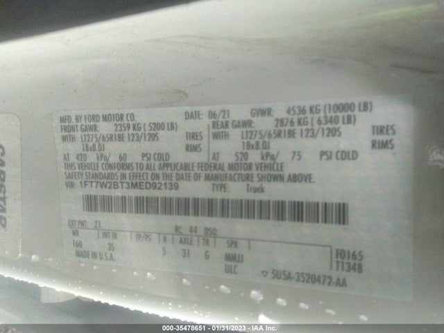 2021 Ford F-250, VIN: 1FT7W2BT3MED92139