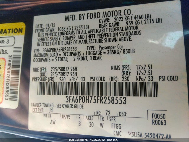 2015 Ford Fusion, VIN: 3FA6P0H75FR258553