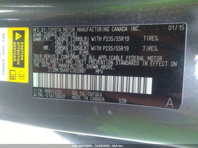 2015 LEXUS RX 350 VIN: 2T2BK1BAXFC302887