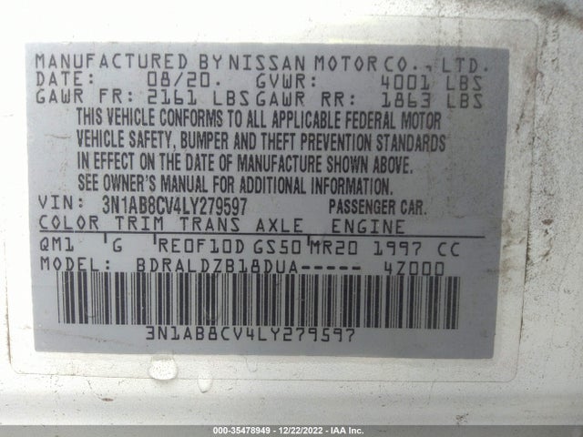2020 Nissan Sentra, VIN: 3N1AB8CV4LY279597