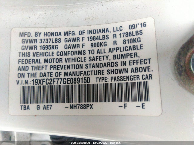 2016 Honda Civic, VIN: 19XFC2F77GE089150