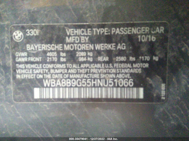 2017 BMW 3 Series, VIN: WBA8B9G55HNU51066