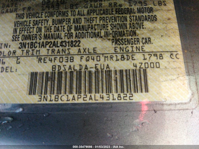 2010 NISSAN VERSA 1.8 S VIN: 3N1BC1AP2AL431822
