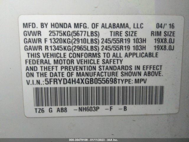 5FRYD4H4XGB055698 Acura Mdx W/tech/w/tech