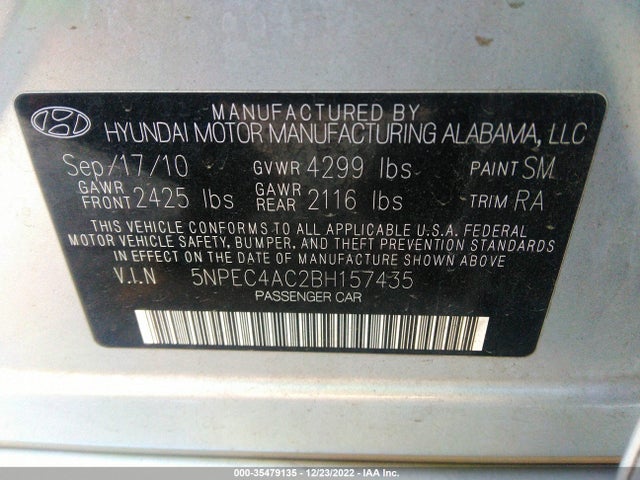 2011 HYUNDAI SONATA SE VIN: 5NPEC4AC2BH157435