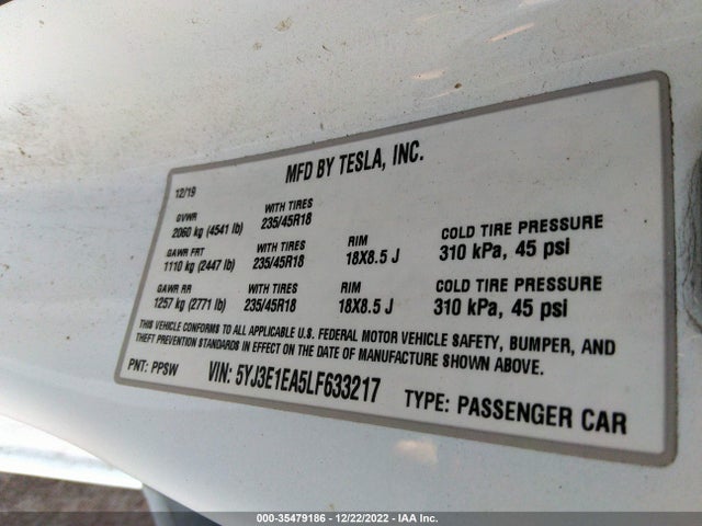Tesla Model 3 Standard Range 2020 5YJ3E1EA5LF633217 Image 10