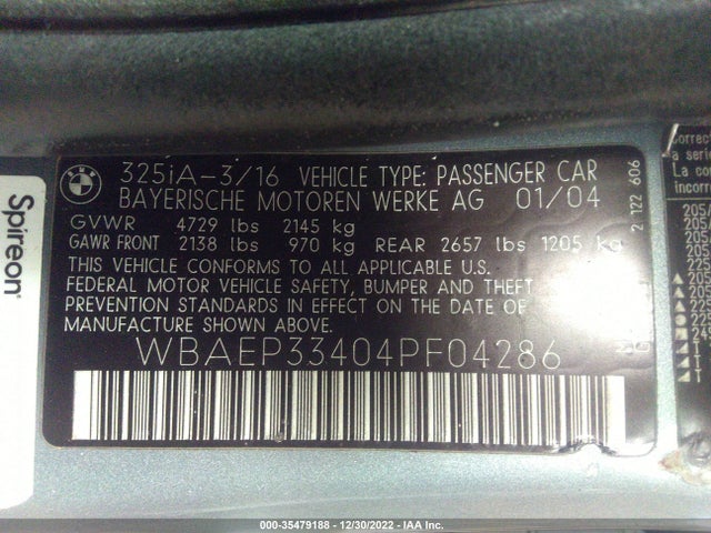 2004 BMW 3 SERIES 325XI VIN: WBAEP33404PF04286