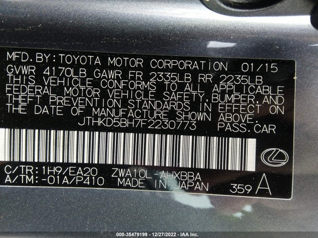 JTHKD5BH7F2230773 Lexus Ct 200h Hybrid