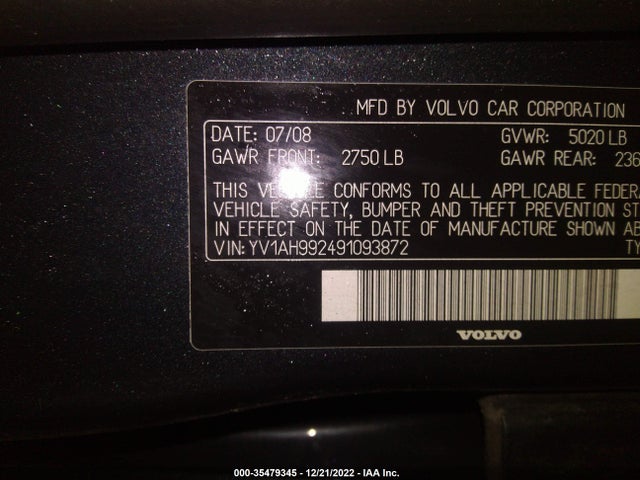 2009 VOLVO S80 I6 TURBO VIN: YV1AH992491093872