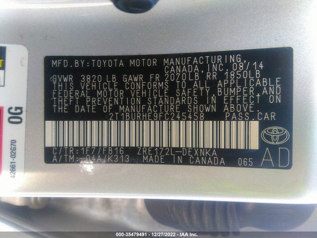 2015 TOYOTA COROLLA L/LE/S/S PLUS/LE PLUS VIN: 2T1BURHE9FC245458