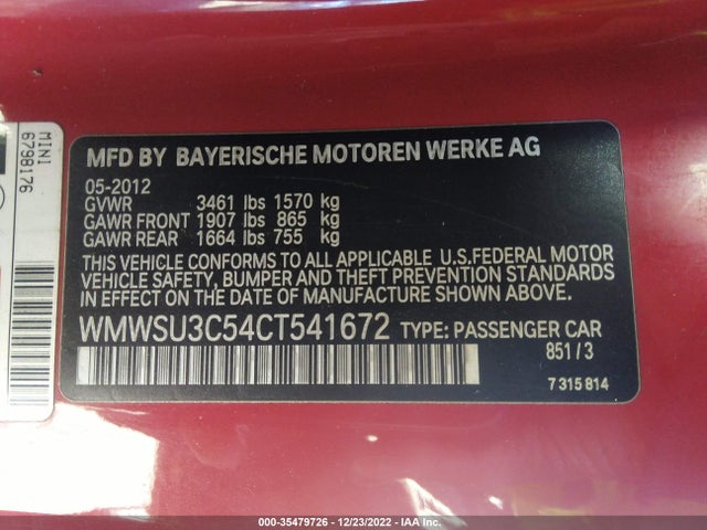 WMWSU3C54CT541672 Mini COOPER HARDTOP