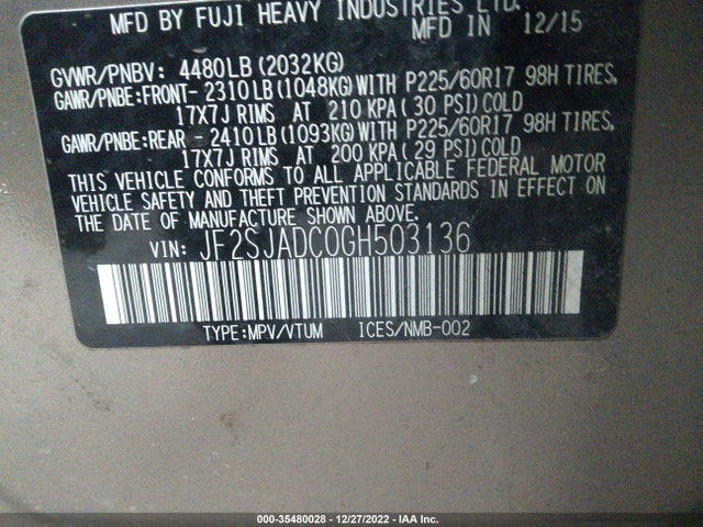 2016 Subaru Forester, VIN: JF2SJADC0GH503136