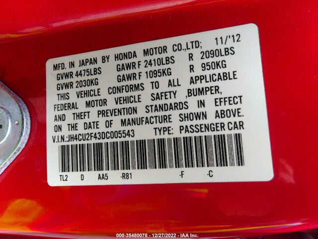 2013 ACURA TSX VIN: JH4CU2F43DC005543