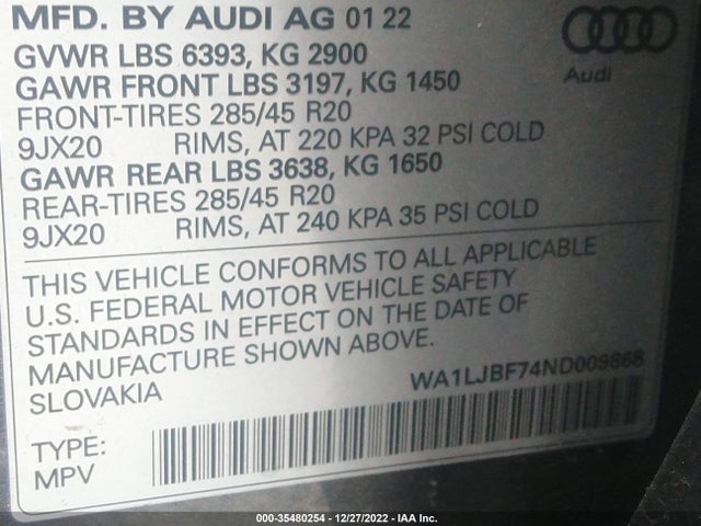 2022 Audi Q7, VIN: WA1LJBF74ND009868