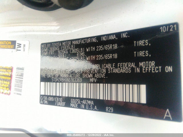 2022 Toyota Highlander, VIN: 5TDHZRBHXNS163369
