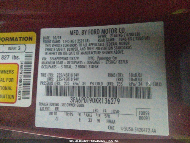 2019 Ford Fusion, VIN: 3FA6P0T90KR136279